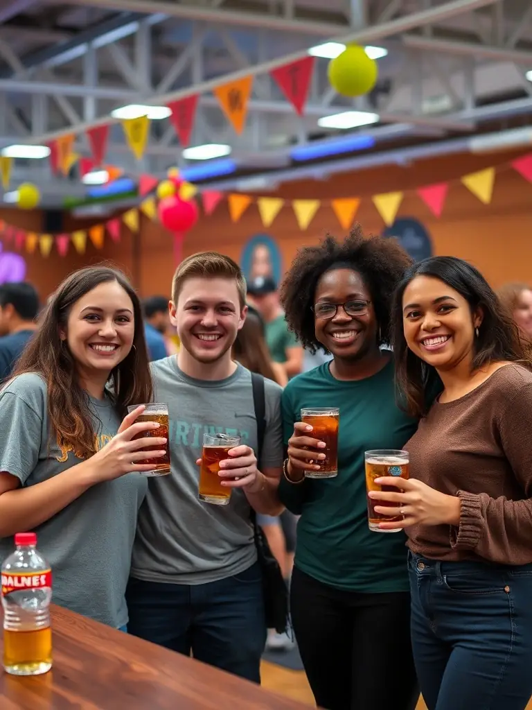 A picture of members socializing and laughing together at a The Flow fitness community event, emphasizing the social aspect of the gym.