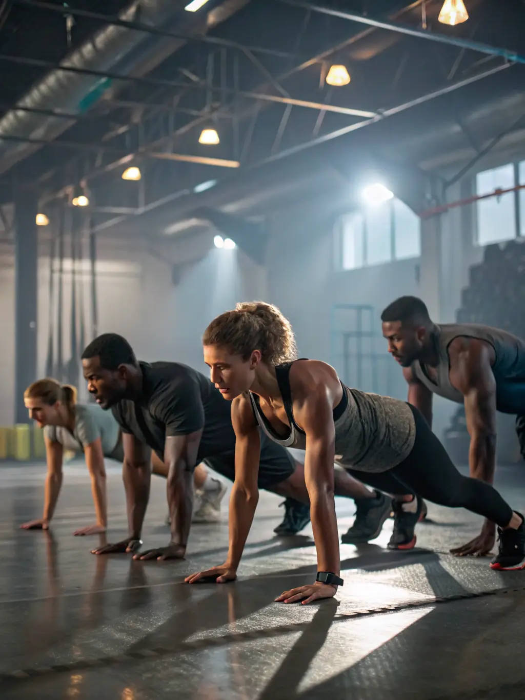 A high-intensity interval training (HIIT) class at The Flow Fitness, showing participants doing burpees with energy and determination.
