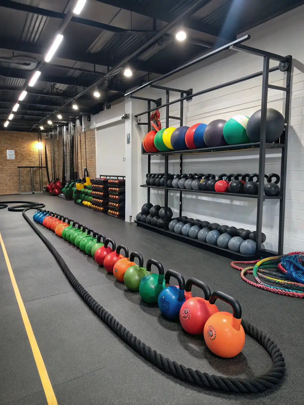 A functional training area with kettlebells, resistance bands, and medicine balls.
