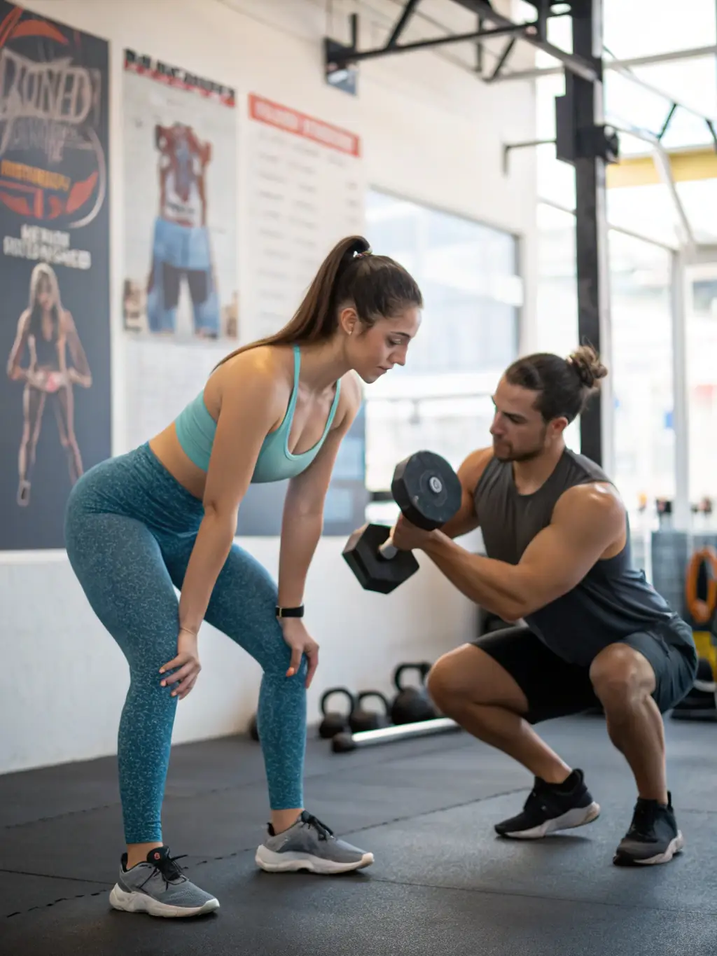 A personal trainer working one-on-one with a member at The Flow fitness, demonstrating personalized attention and guidance.