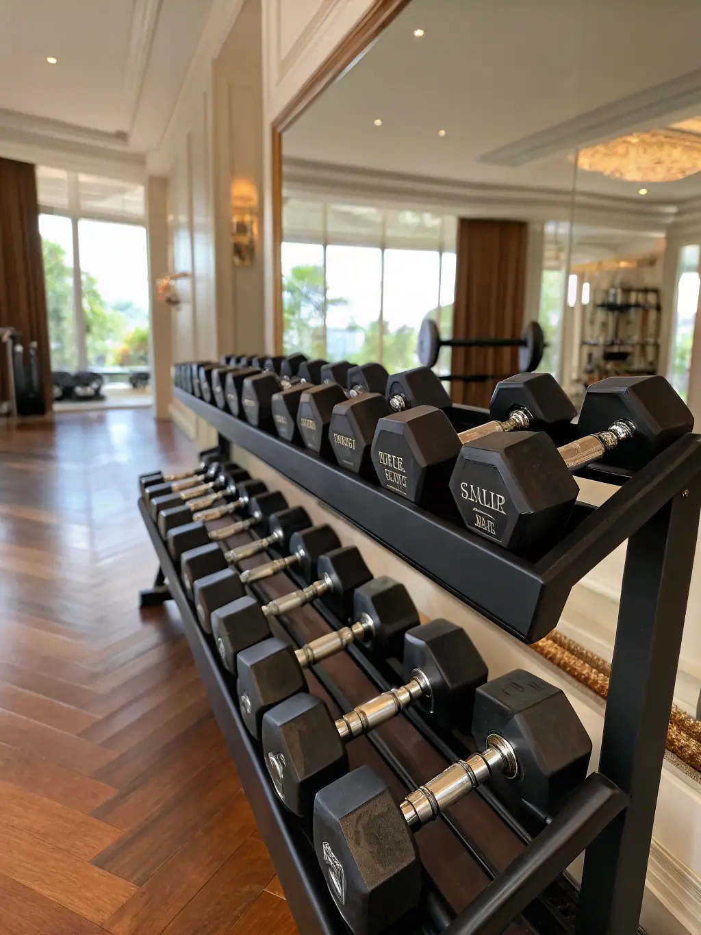 A selection of free weights, including dumbbells and barbells, neatly organized in a weight rack.