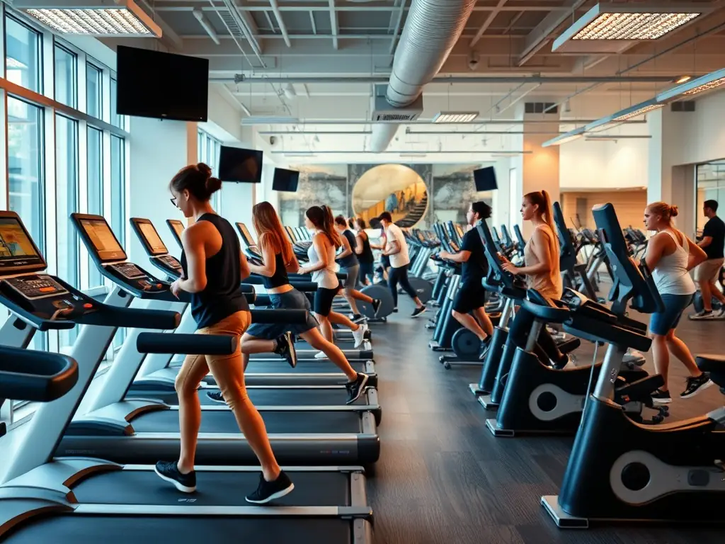 A high-quality image showcasing a variety of cardio machines (treadmills, ellipticals, stationary bikes) in a well-lit and modern gym setting. People are actively using the equipment, demonstrating a vibrant and energetic workout atmosphere.
