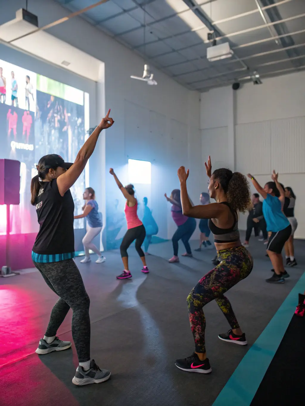 A vibrant image of members participating in a group fitness class at The Flow fitness, showcasing energy and camaraderie.
