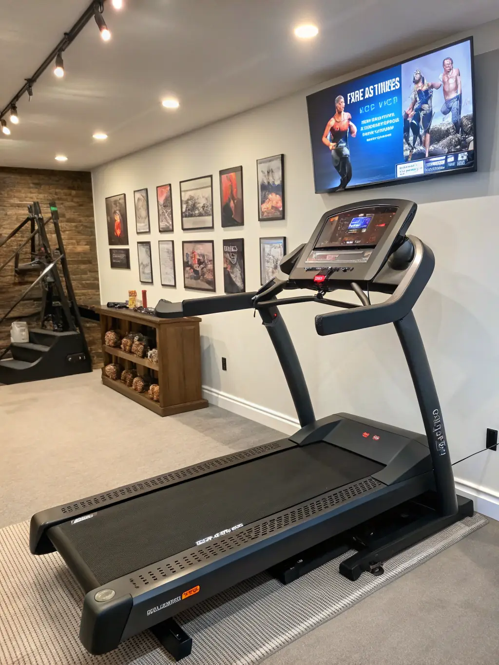 A modern treadmill with a digital display showing workout stats, in a brightly lit gym setting.