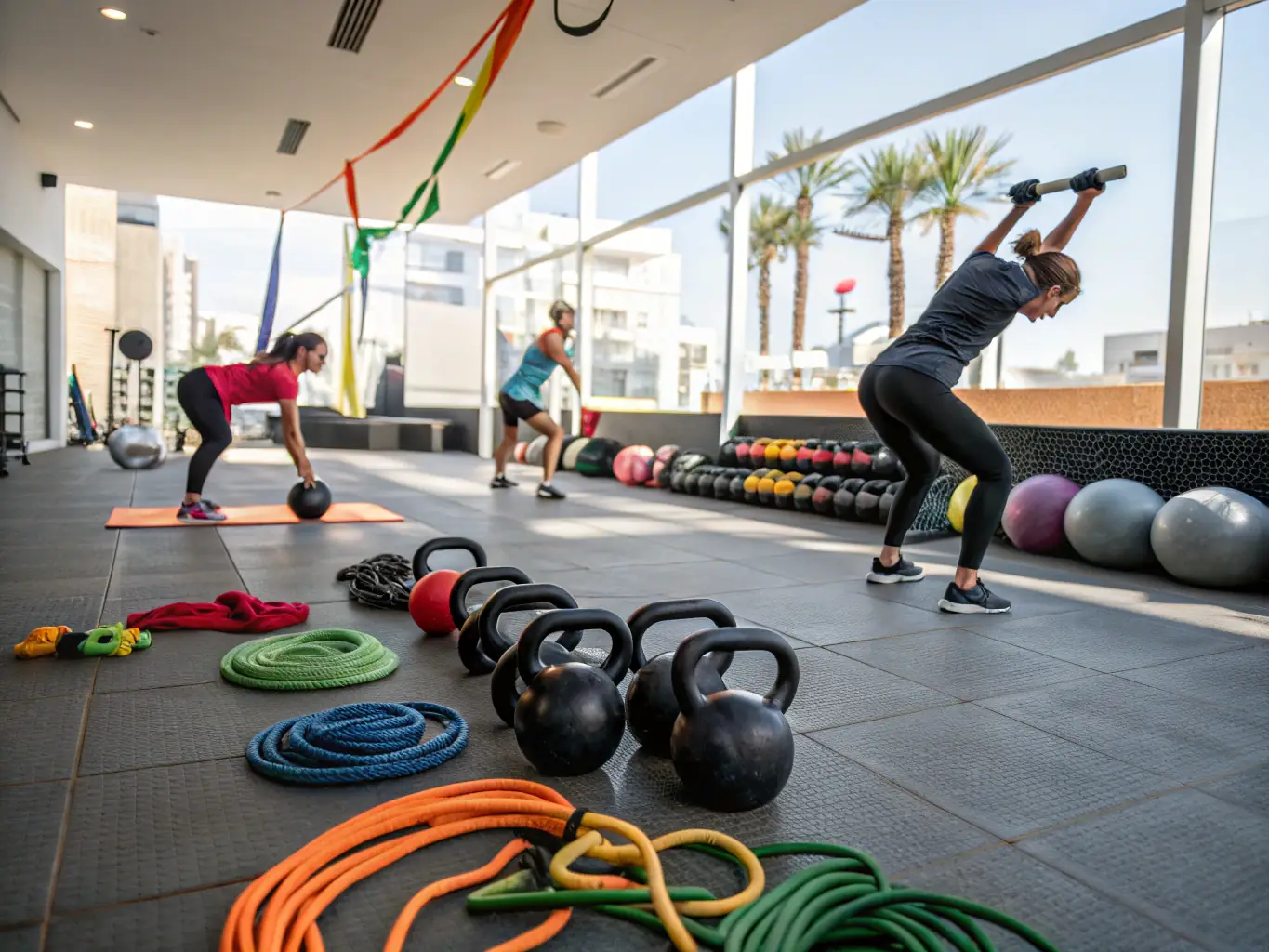 An image of a functional training zone in the gym, including equipment such as kettlebells, resistance bands, medicine balls, and plyometric boxes. The area is designed to allow for a variety of dynamic and full-body exercises. A small group is participating in a guided workout.