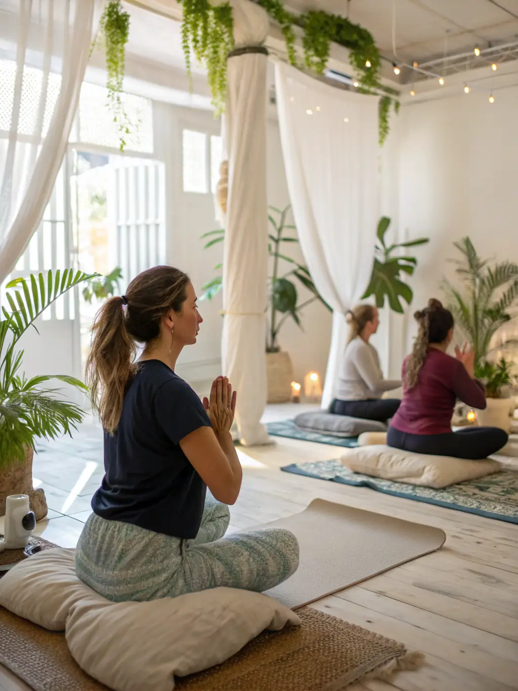A dynamic yoga class in a sunlit studio at The Flow Fitness, with participants in various poses, focusing on flexibility and mindfulness.