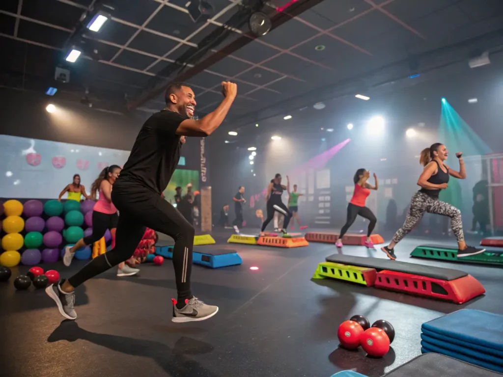 A high-energy HIIT class with participants performing various exercises, led by an enthusiastic instructor. The setting is a modern gym with motivating lighting.