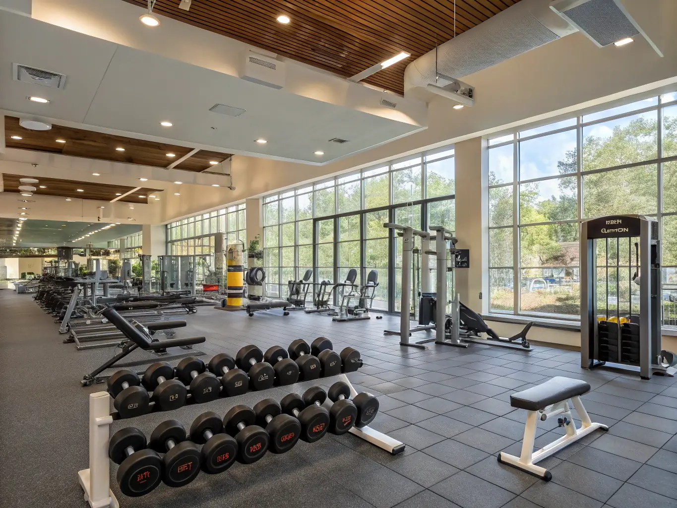 A photograph of a well-organized free weights area in the gym, featuring dumbbells, barbells, and weight benches. The area is clean and spacious, with clear signage indicating weight increments. A person is shown performing a bicep curl with proper form.